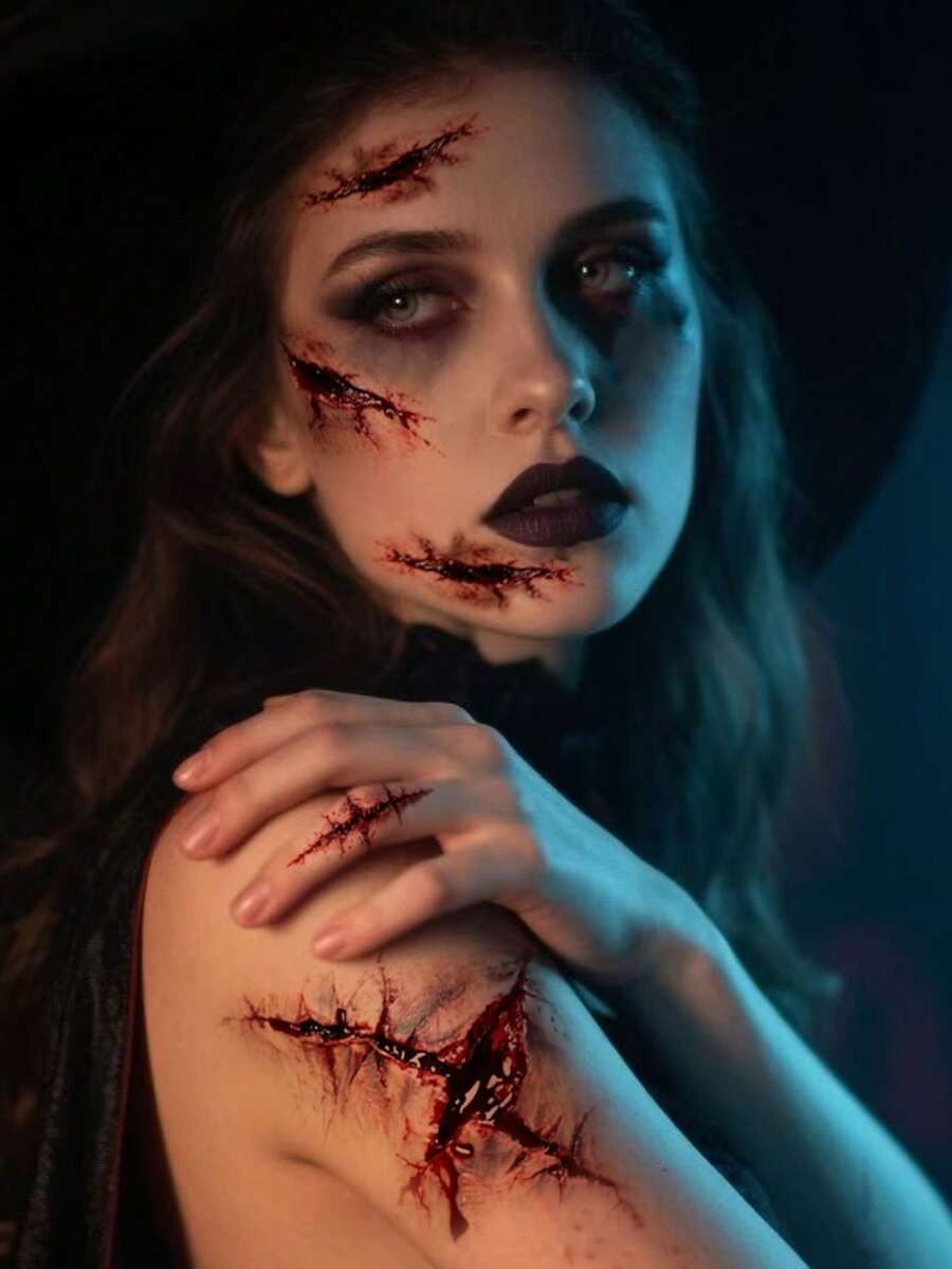 Realistic Blood-Colored Stitched Scar Tattoos – Horror Wound Decals (4 Pcs)