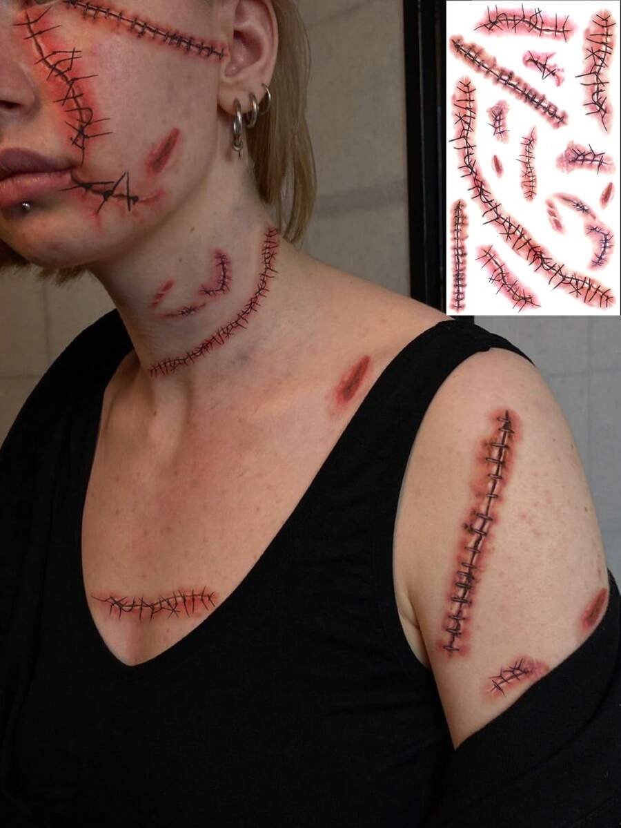 Realistic Blood-Colored Stitched Scar Tattoos – Horror Wound Decals (4 Pcs)