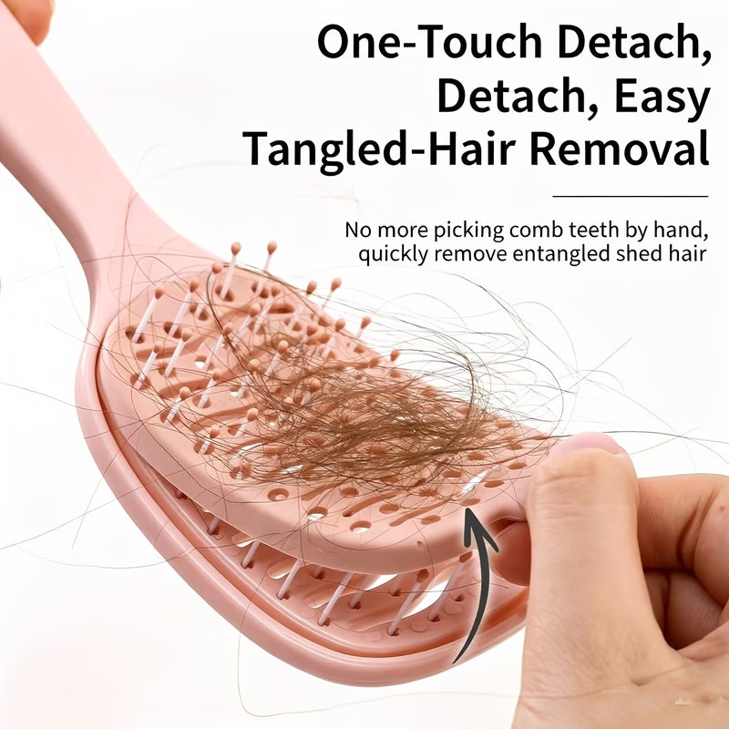 One-touch release lifts trapped hair off the brush