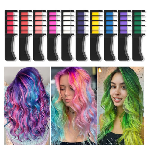 Hair chalk comb set in 10 colours with colourful hair looks