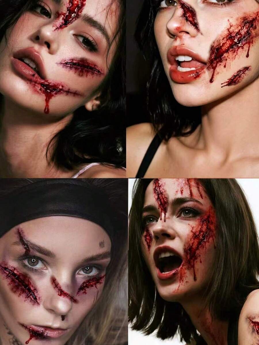 Realistic Blood-Colored Stitched Scar Tattoos – Horror Wound Decals (4 Pcs)