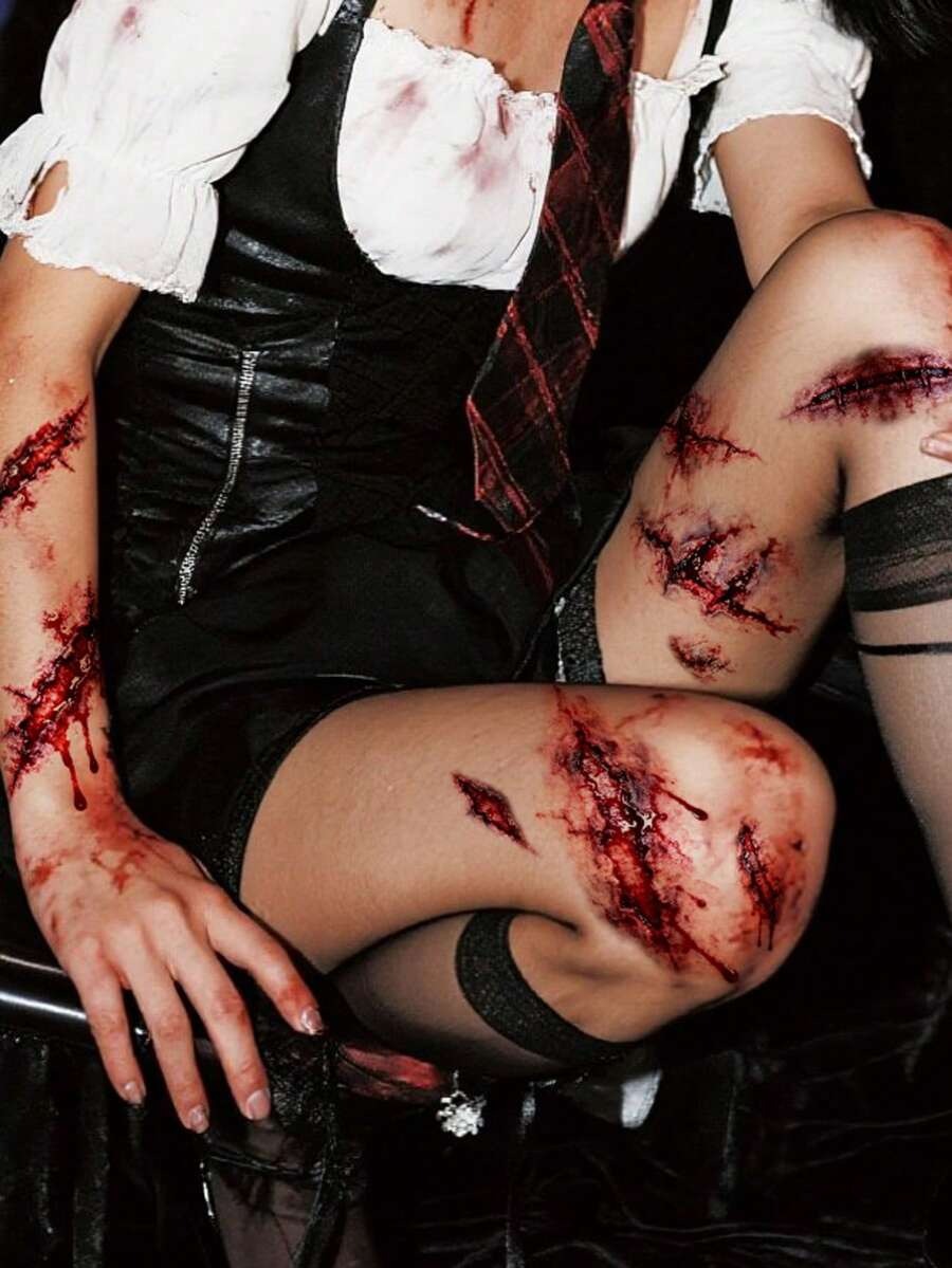 Realistic Blood-Colored Stitched Scar Tattoos – Horror Wound Decals (4 Pcs)
