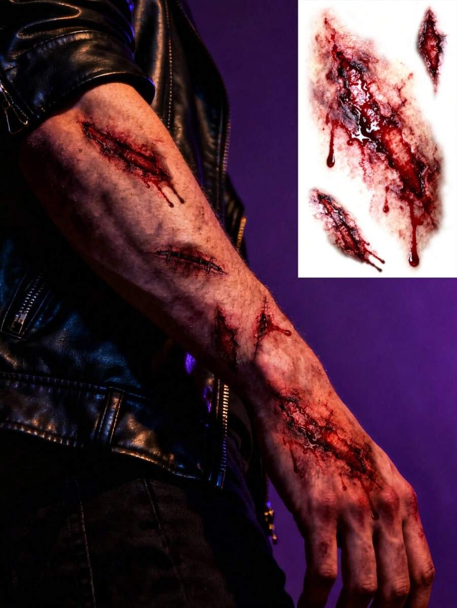 Realistic Blood-Colored Stitched Scar Tattoos – Horror Wound Decals (4 Pcs)