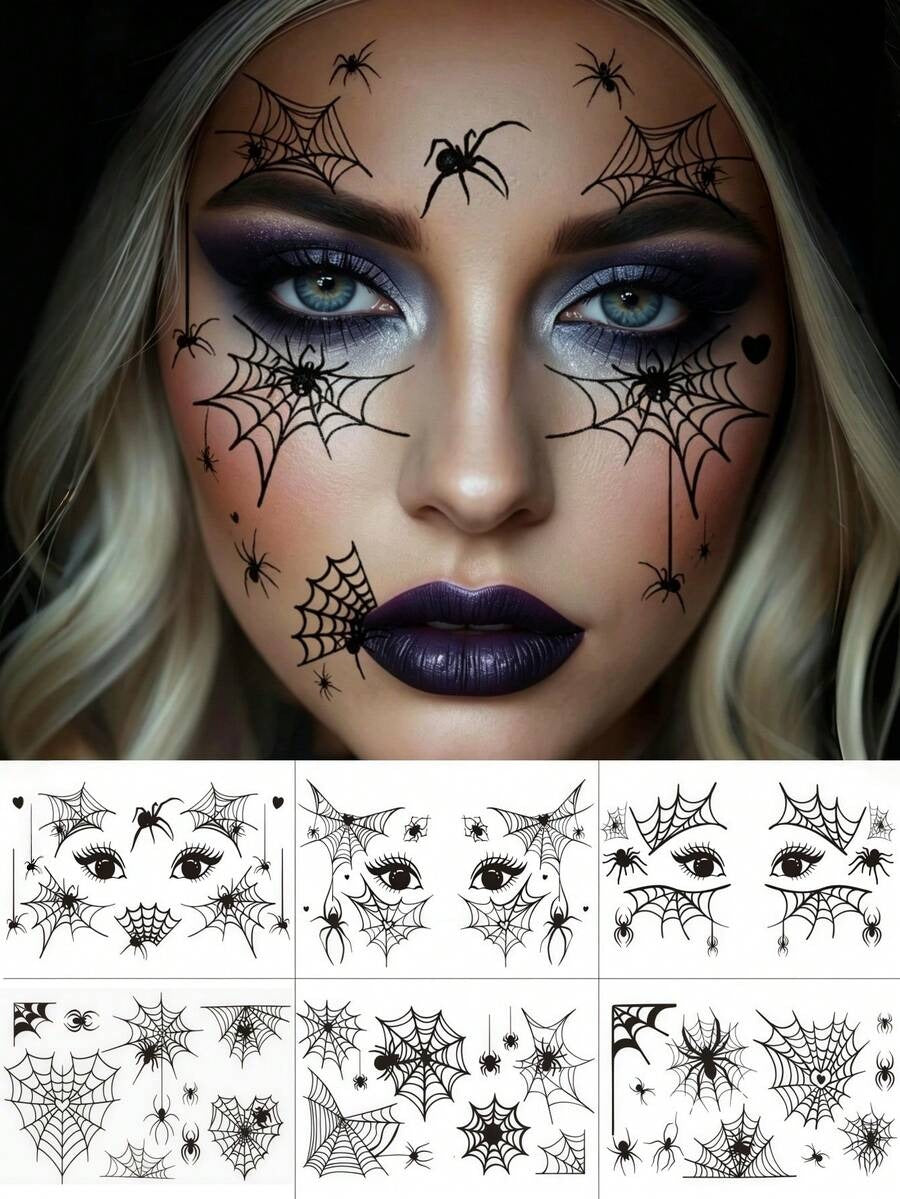Spider Web Face Tattoos – Scary Gothic Temporary Tattoos (6 Sheets)