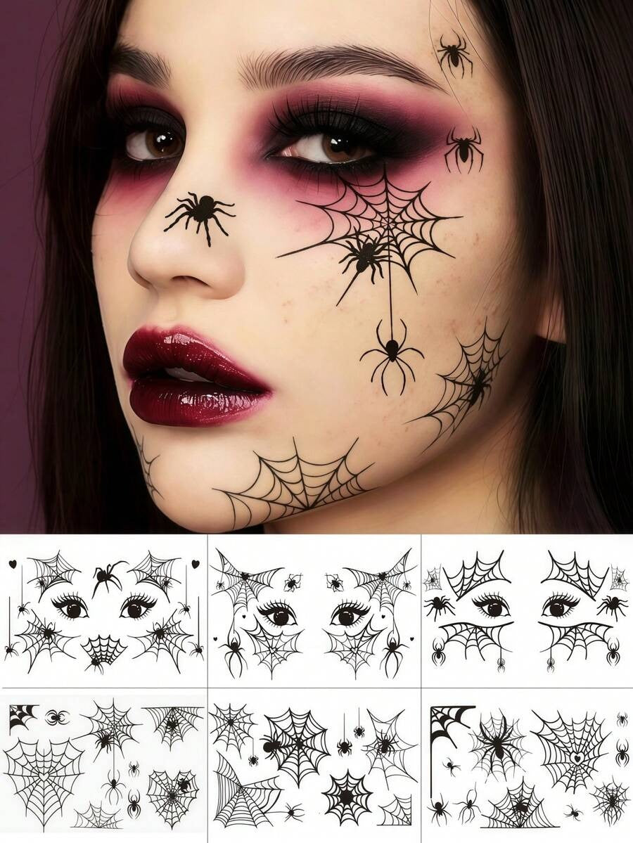 Spider Web Face Tattoos – Scary Gothic Temporary Tattoos (6 Sheets)