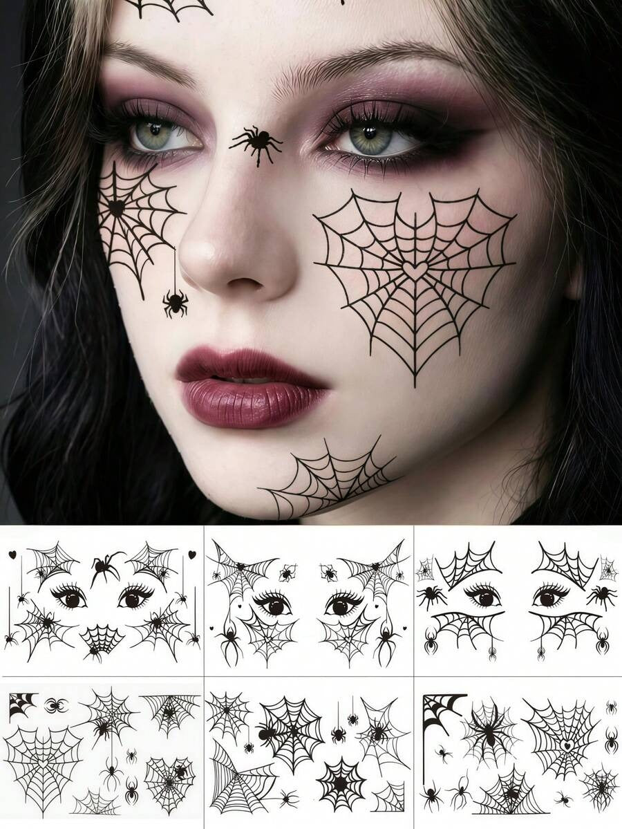 Spider Web Face Tattoos – Scary Gothic Temporary Tattoos (6 Sheets)