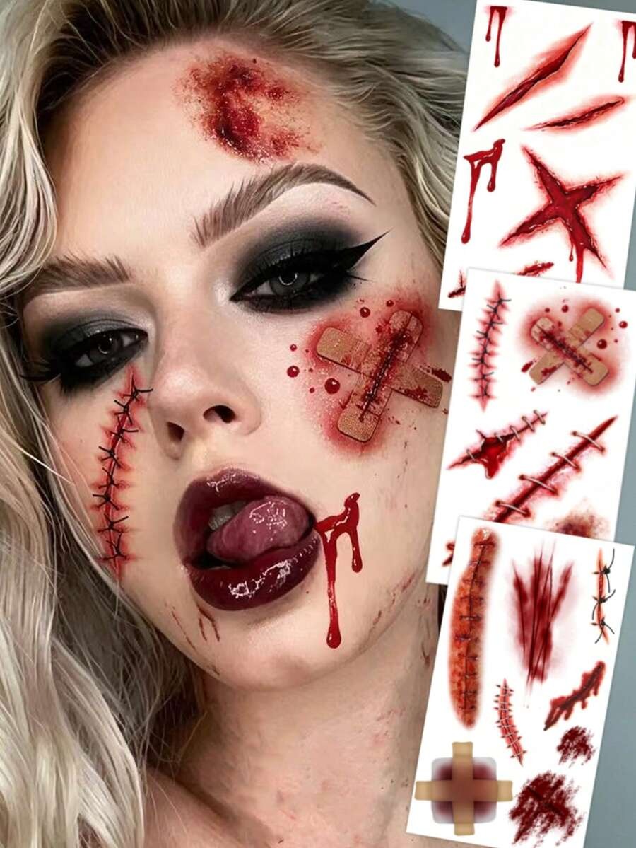 Realistic Blood-Colored Stitched Scar Tattoos – Horror Wound Decals (4 Pcs)