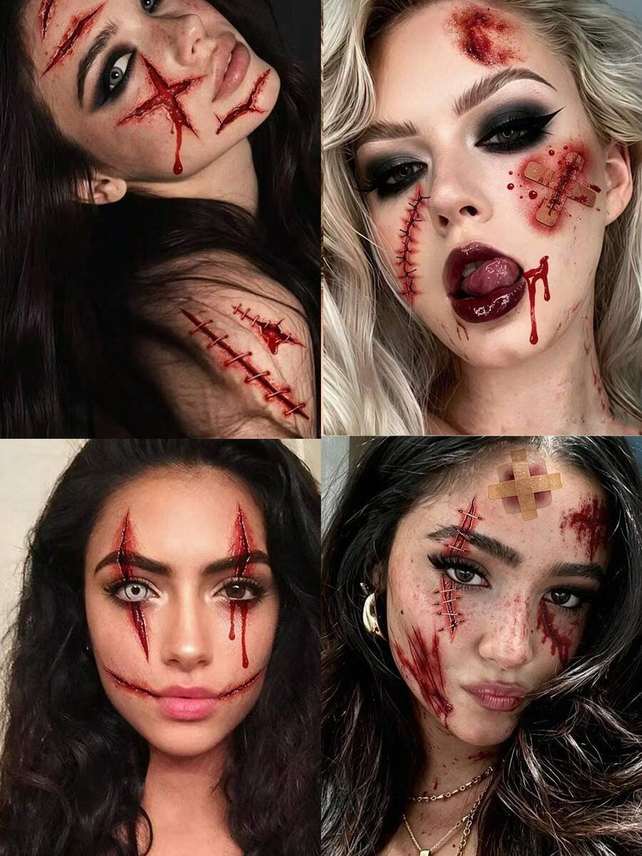 Realistic Blood-Colored Stitched Scar Tattoos – Horror Wound Decals (4 Pcs)