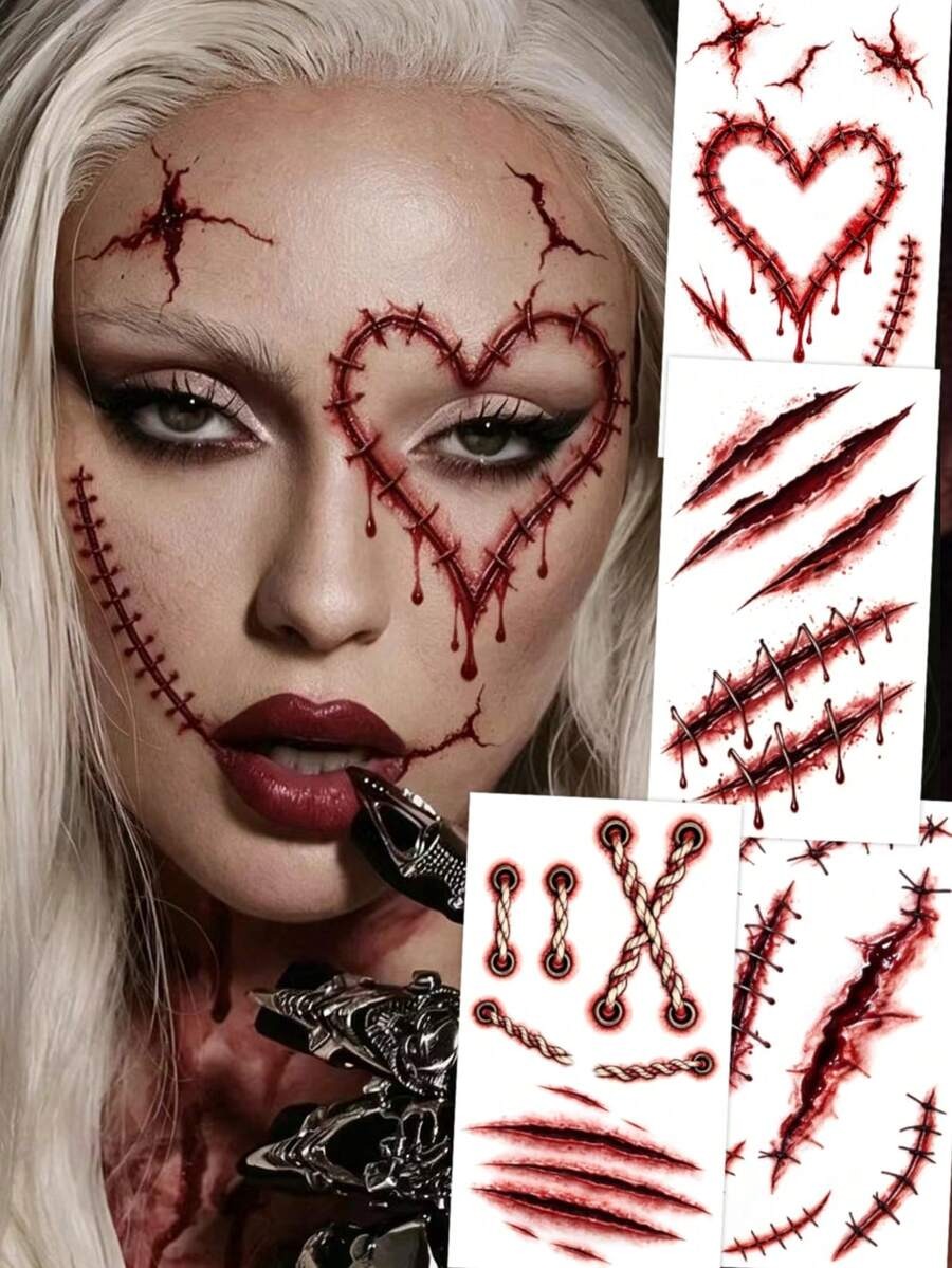 Realistic Blood-Colored Stitched Scar Tattoos – Horror Wound Decals (4 Pcs)