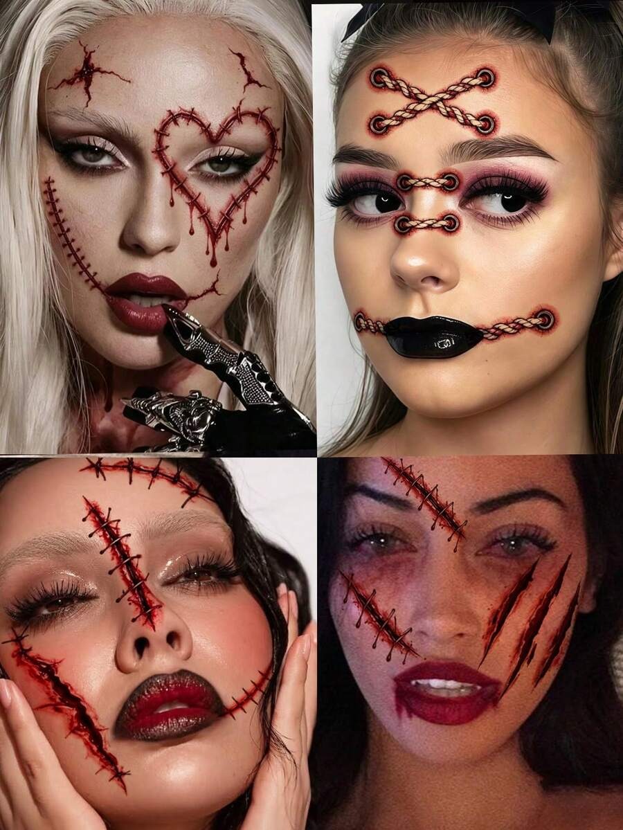 Realistic Blood-Colored Stitched Scar Tattoos – Horror Wound Decals (4 Pcs)