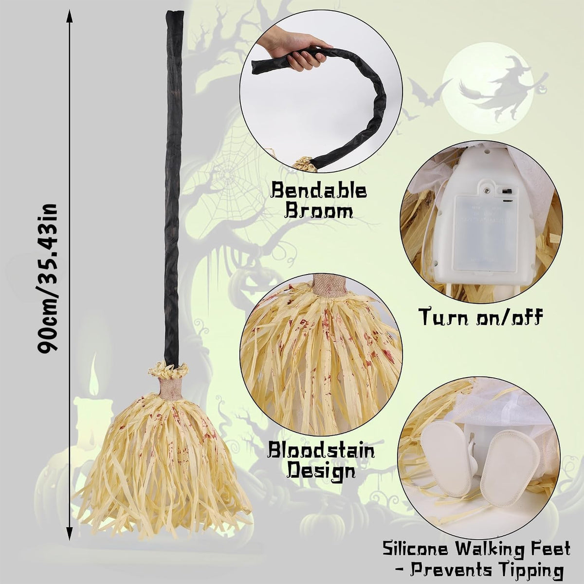 Moving Witch Broomstick - Glowing & Talking Halloween Prop