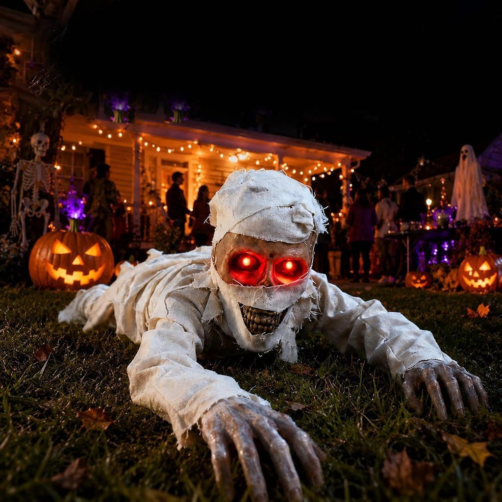 Crawling Mummy Halloween Prop - Sound-Activated with Red Eyes