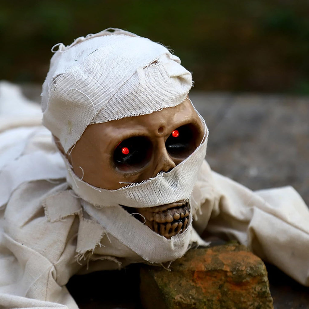 Crawling Mummy Halloween Prop - Sound-Activated with Red Eyes