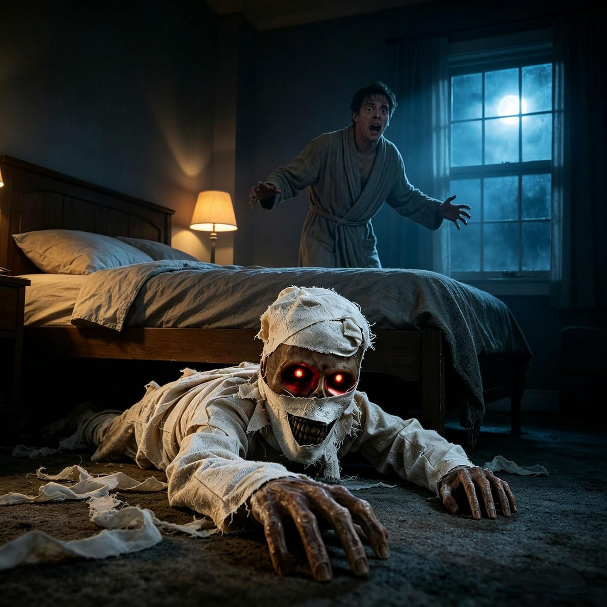 Crawling Mummy Halloween Prop - Sound-Activated with Red Eyes