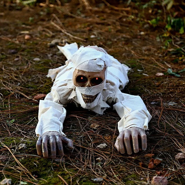 Crawling Mummy Halloween Prop - Sound-Activated with Red Eyes