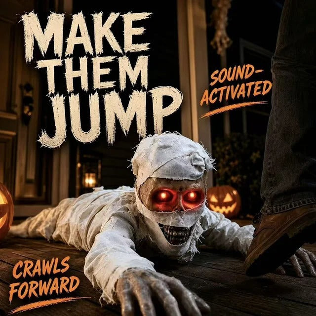 Crawling Mummy Halloween Prop - Sound-Activated with Red Eyes