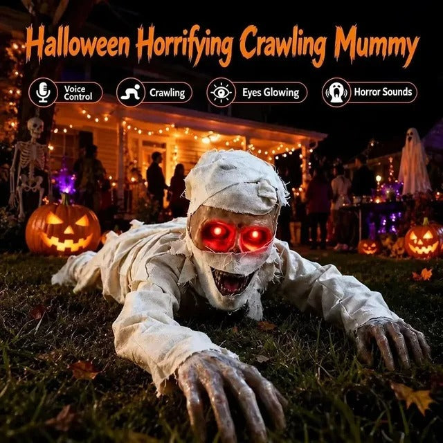 Crawling Mummy Halloween Prop - Sound-Activated with Red Eyes