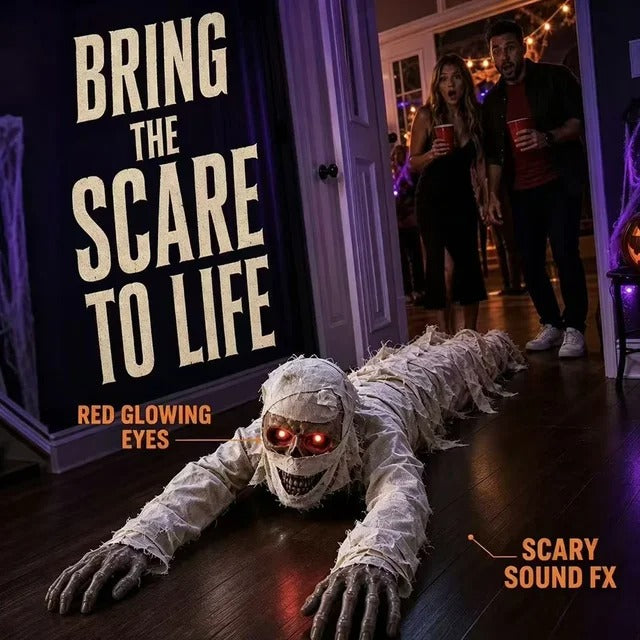 Crawling Mummy Halloween Prop - Sound-Activated with Red Eyes